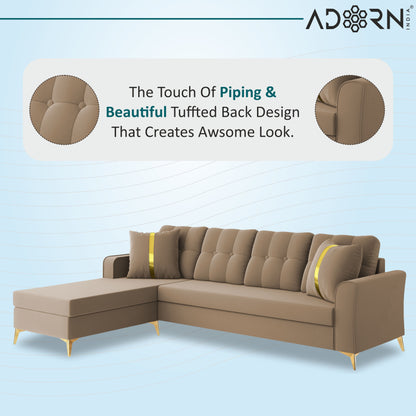 Adorn India Premium Maddox Tufted- 3 Years Warranty - L Shape 5 Seater Sofa Set -LHS-Velvet Suede Fabric - Beige