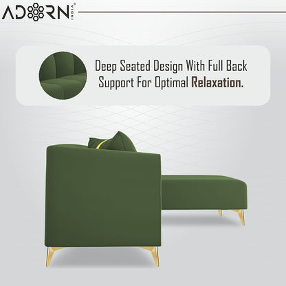 Adorn India Premium Mystic - 3 Years Warranty - L Shape 5 Seater Sofa Set Velvet Suede Fabric - Green