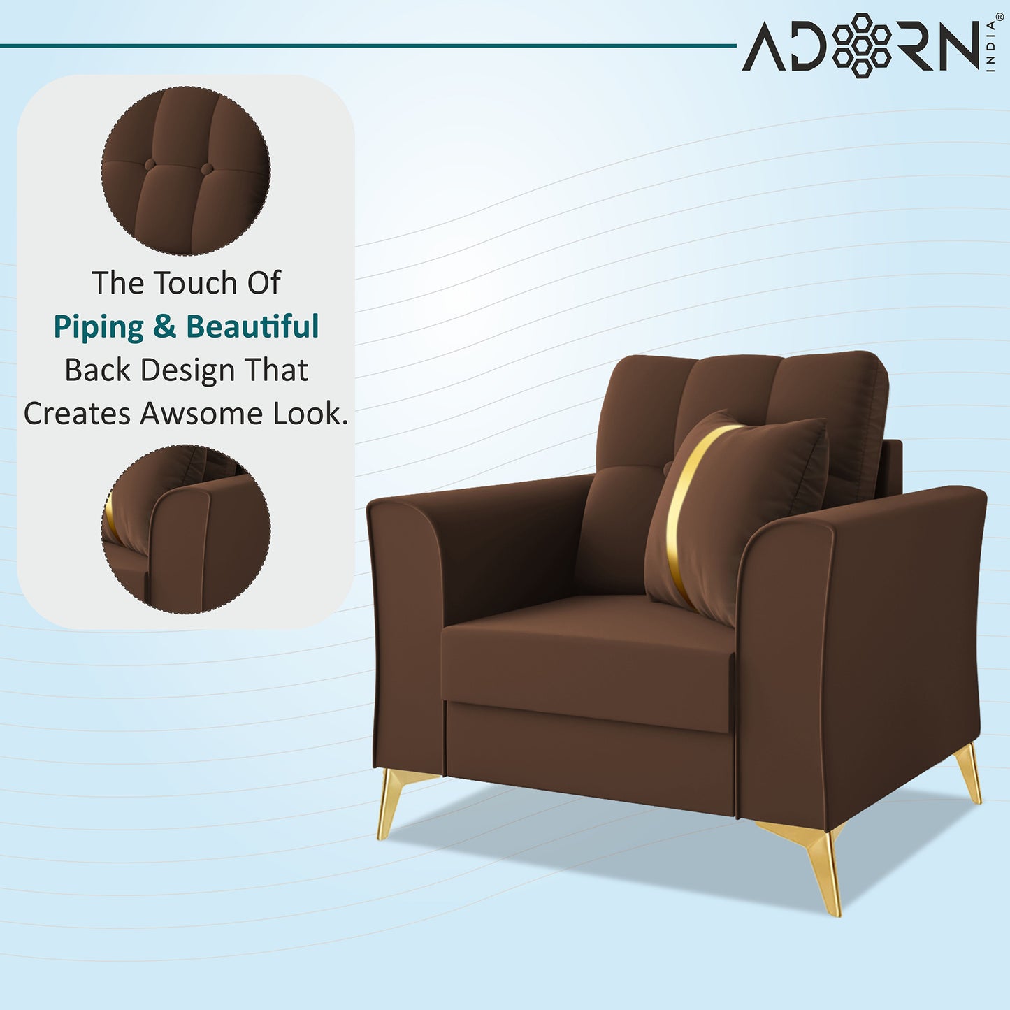 Adorn India Premium Maddox Tufted - 3 Years Warranty - 1 Seater Sofa Velvet Suede Fabric - Brown