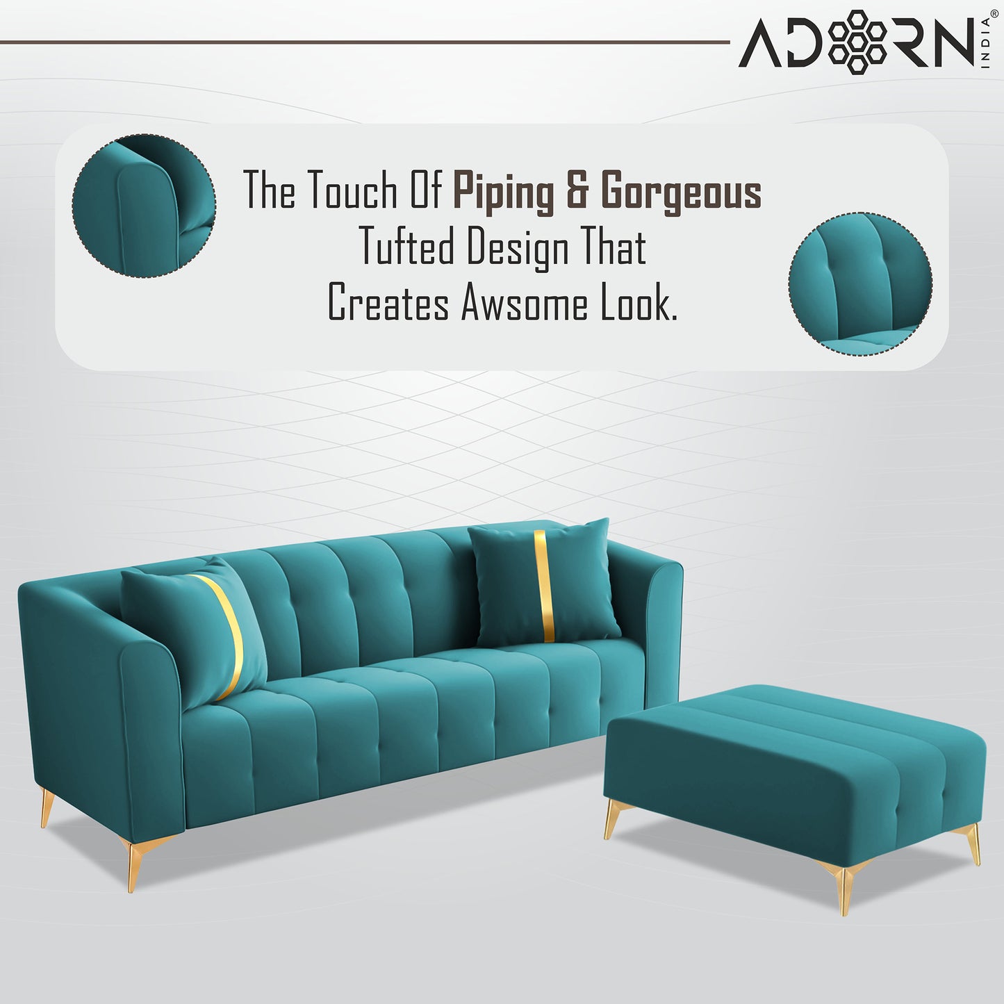 Adorn India Premium Mystic - 3 Years Warranty - L Shape 4 Seater Sofa Set Velvet Suede Fabric - Aqua Blue