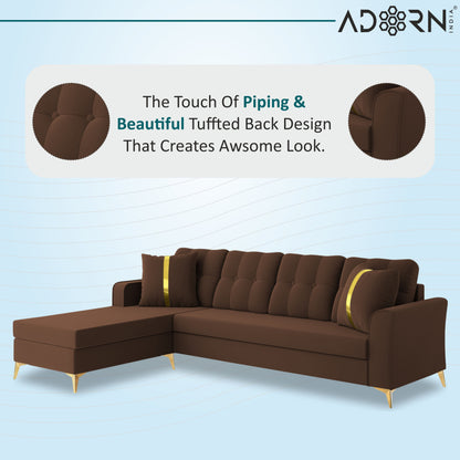 Adorn India Premium Maddox Tufted- 3 Years Warranty - L Shape 5 Seater Sofa Set -LHS-Velvet Suede Fabric - Brown