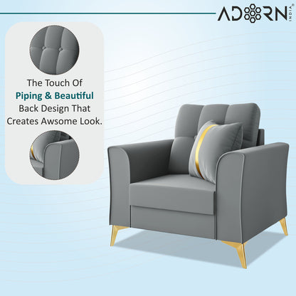 Adorn India Premium Maddox Tufted - 3 Years Warranty - 1 Seater Sofa Velvet Suede Fabric - Grey