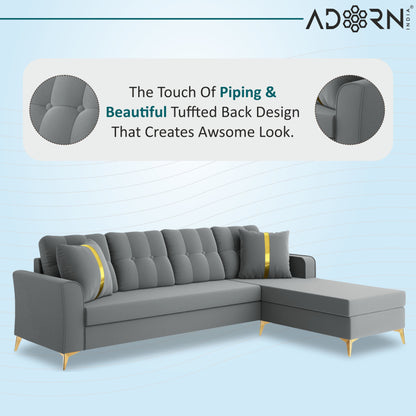 Adorn India Premium Maddox Tufted- 3 Years Warranty - L Shape 5 Seater Sofa Set -RHS-Velvet Suede Fabric - Grey