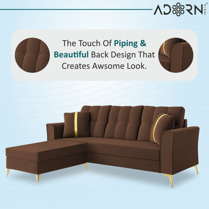 Adorn India Premium Maddox Tufted - 3 Years Warranty - L Shape 4 Seater Sofa Set Velvet Suede Fabric - Brown