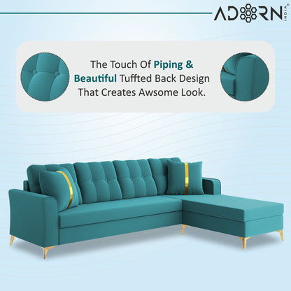 Adorn India Premium Maddox Tufted- 3 Years Warranty - L Shape 5 Seater Sofa Set -RHS-Velvet Suede Fabric - Aqua Blue