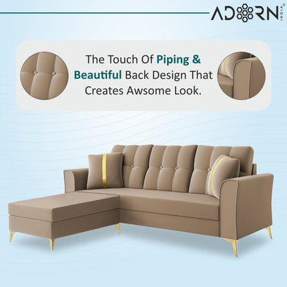 Adorn India Premium Maddox Tufted - 3 Years Warranty - L Shape 4 Seater Sofa Set Velvet Suede Fabric - Beige