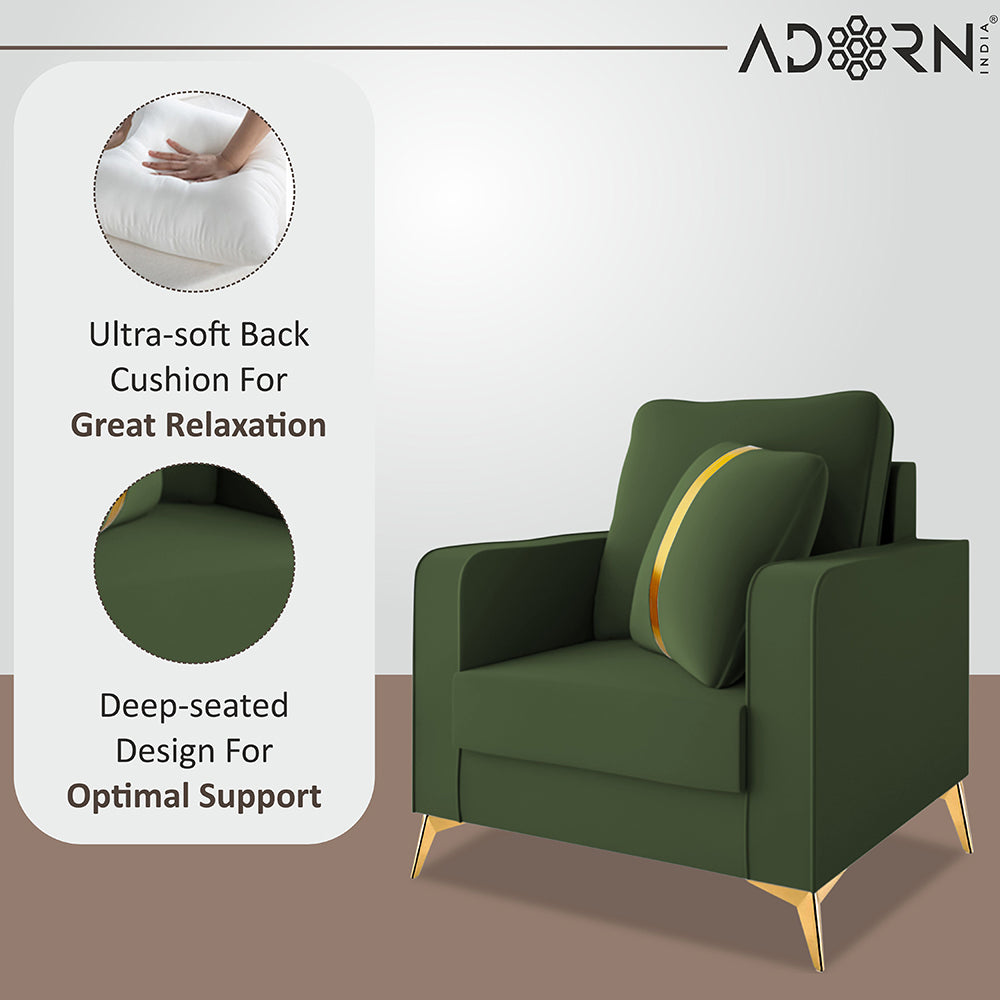 Adorn India Premium Chandler - 3 Years Warranty - 1 Seater Sofa Velvet Suede Fabric - Green