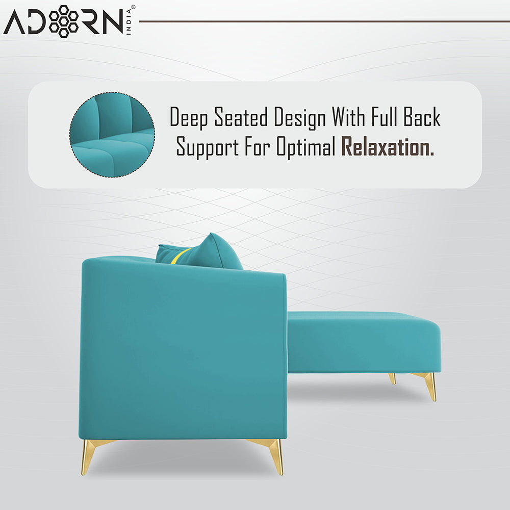 Adorn India Premium Mystic - 3 Years Warranty - L Shape 5 Seater Sofa Set Velvet Suede Fabric - Aqua Blue