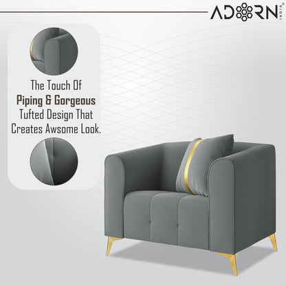 Adorn India Premium Mystic - 3 Years Warranty - 1 Seater Sofa Velvet Suede Fabric - Grey