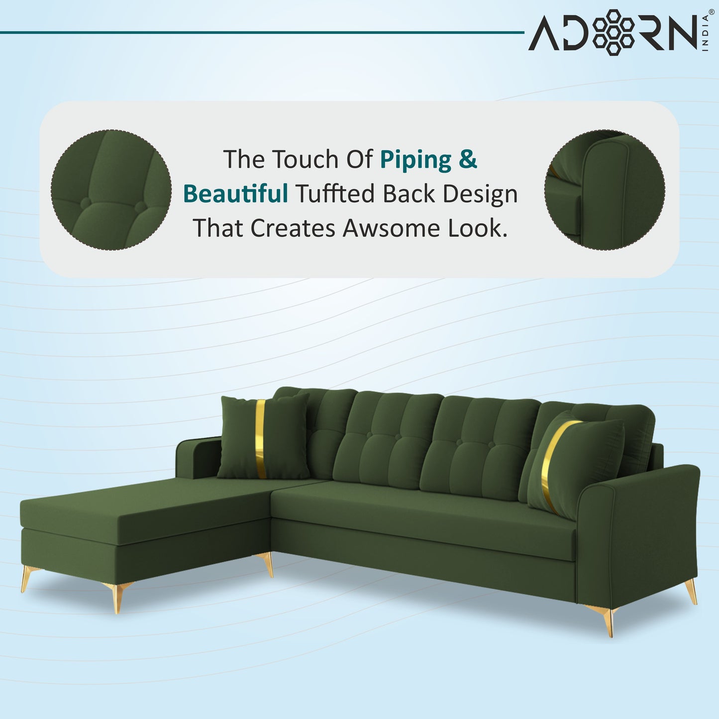 Adorn India Premium Maddox Tufted- 3 Years Warranty - L Shape 5 Seater Sofa Set -LHS-Velvet Suede Fabric - Green