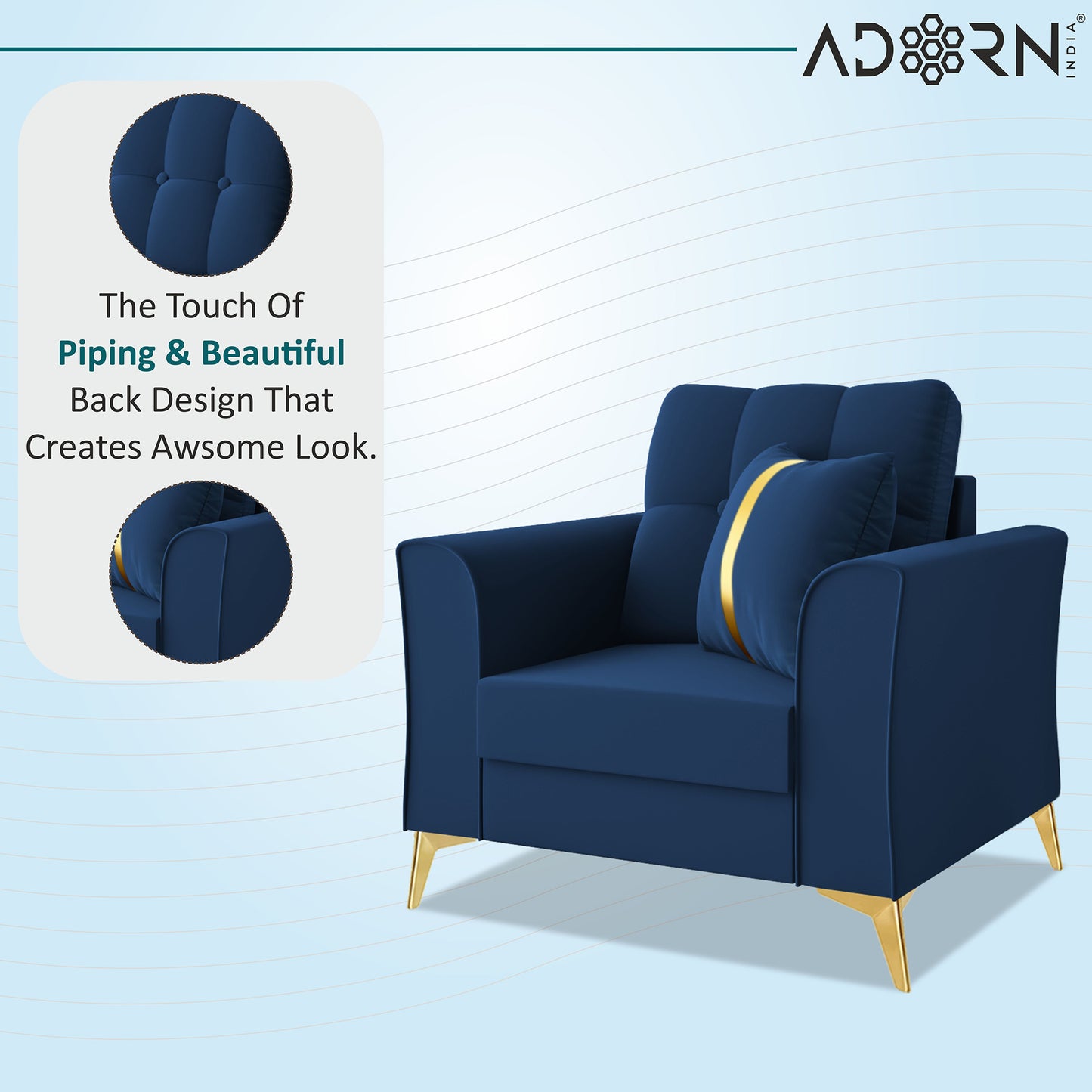 Adorn India Premium Maddox Tufted - 3 Years Warranty - 1 Seater Sofa Velvet Suede Fabric - Blue