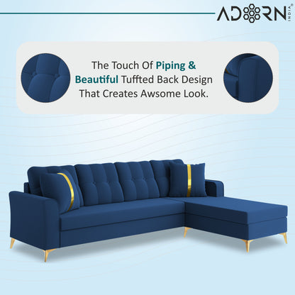 Adorn India Premium Maddox Tufted- 3 Years Warranty - L Shape 5 Seater Sofa Set -RHS-Velvet Suede Fabric -Blue