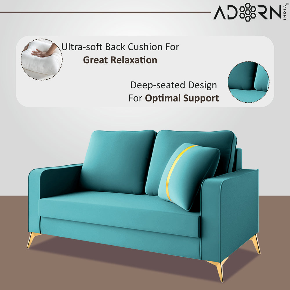 Adorn India Premium Chandler - 3 Years Warranty - 2 Seater Sofa Velvet Suede Fabric - Aqua Blue