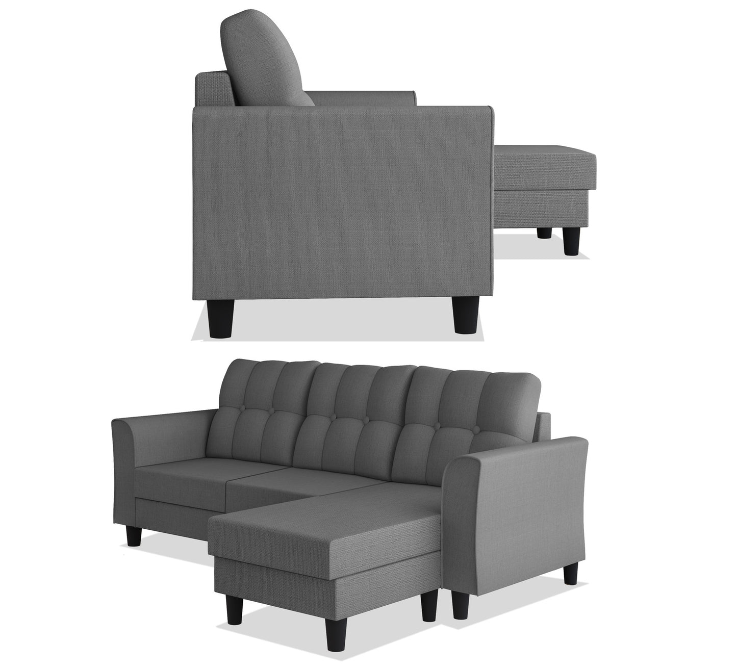 Adorn India Maddox Tufted L Shape 4 Seater Sofa Set (Grey) (3 Year Warranty)