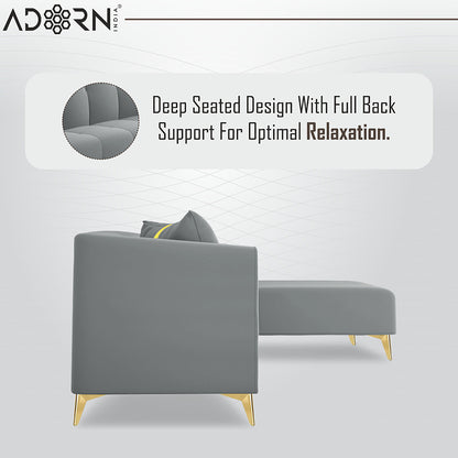 Adorn India Premium Mystic - 3 Years Warranty - L Shape 5 Seater Sofa Set Velvet Suede Fabric - Grey