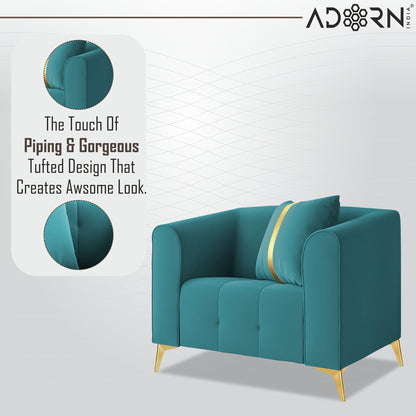 Adorn India Premium Mystic - 3 Years Warranty - 1 Seater Sofa Velvet Suede Fabric - Aqua Blue