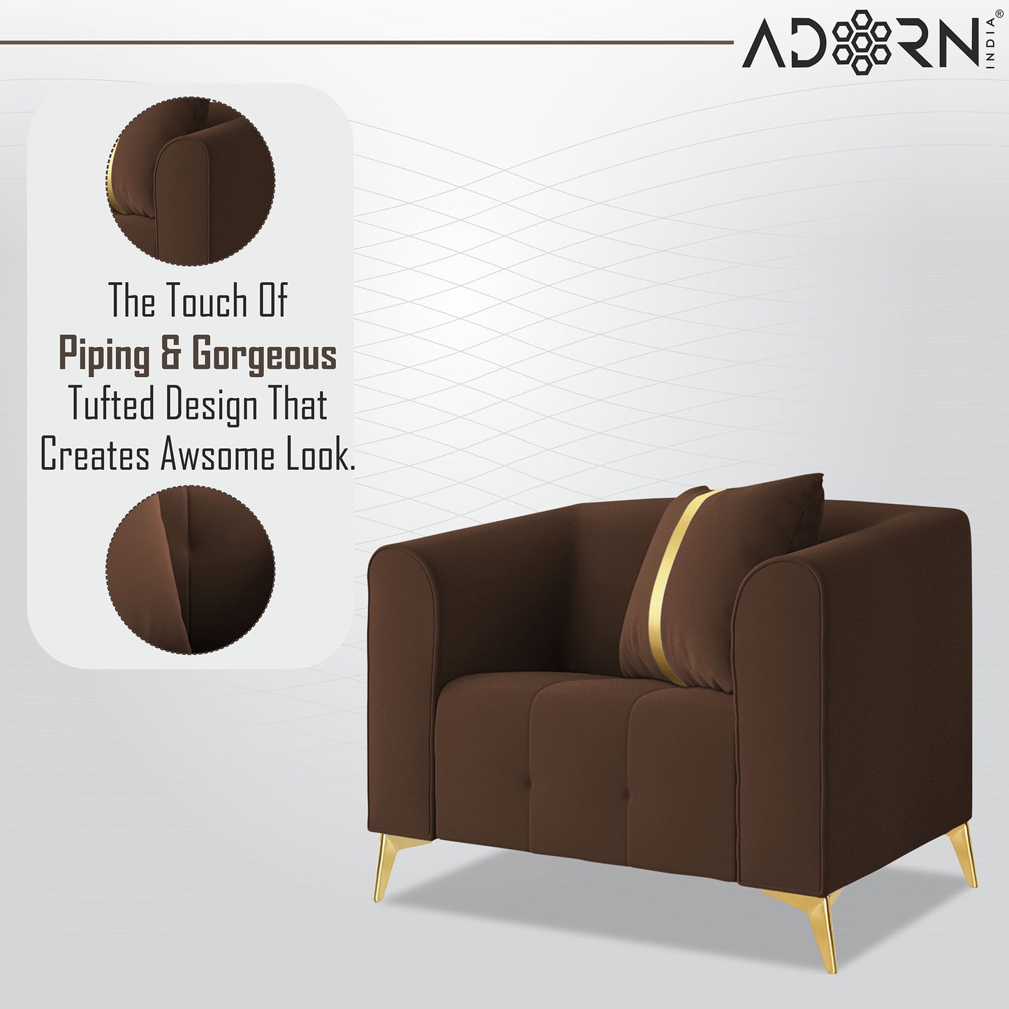 Adorn India Premium Mystic - 3 Years Warranty - 1 Seater Sofa Velvet Suede Fabric - Brown