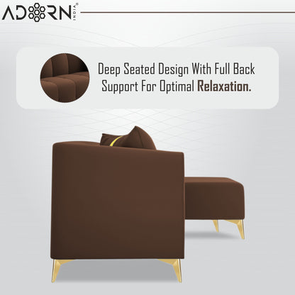 Adorn India Premium Mystic - 3 Years Warranty - L Shape 4 Seater Sofa Set Velvet Suede Fabric - Brown