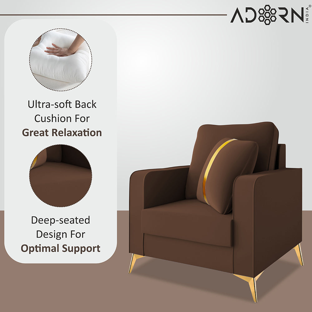 Adorn India Premium Chandler - 3 Years Warranty - 1 Seater Sofa Velvet Suede Fabric - Brown