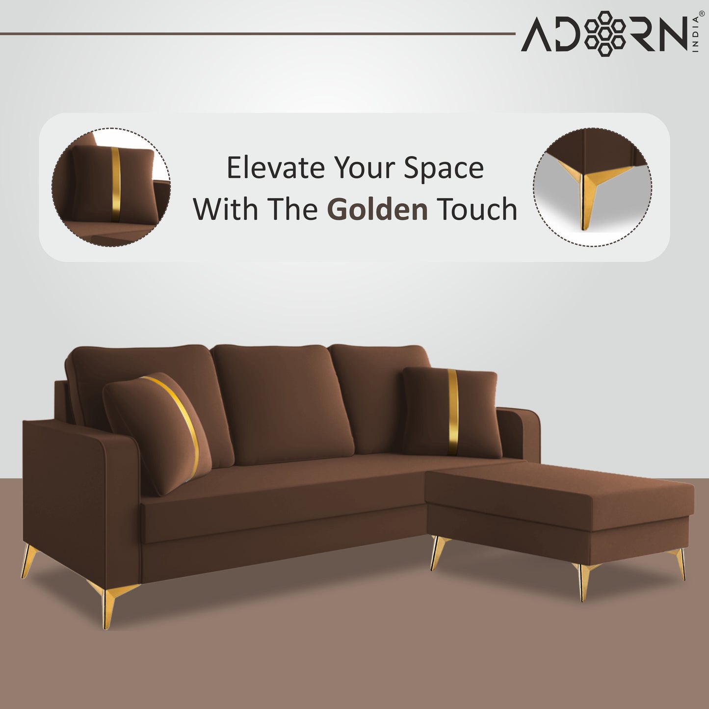 Adorn India Premium Chandler - 3 Years Warranty - L Shape 4 Seater Sofa Set Velvet Suede Fabric - Brown