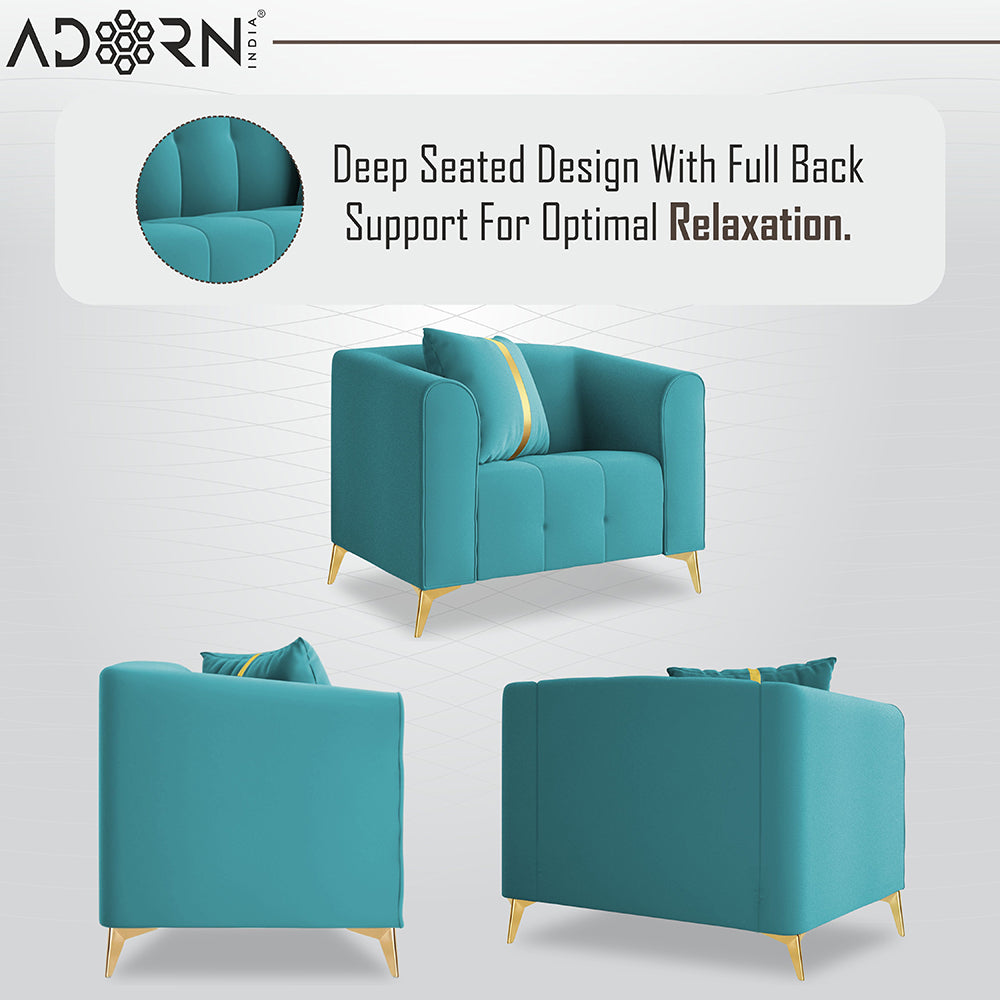 Adorn India Premium Mystic - 3 Years Warranty - 3+1+1 Sofa Set Velvet Suede Fabric - Aqua Blue