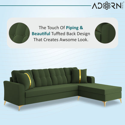 Adorn India Premium Maddox Tufted- 3 Years Warranty - L Shape 5 Seater Sofa Set -RHS-Velvet Suede Fabric - Green