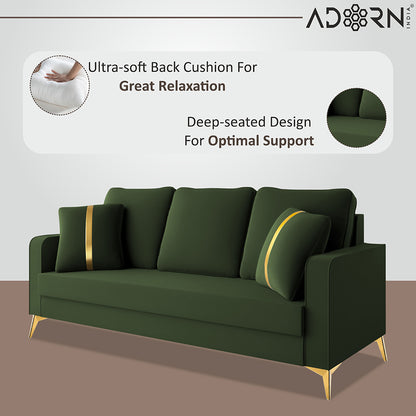 Adorn India Premium Chandler - 3 Years Warranty - 3 Seater Sofa Velvet Suede Fabric - Green