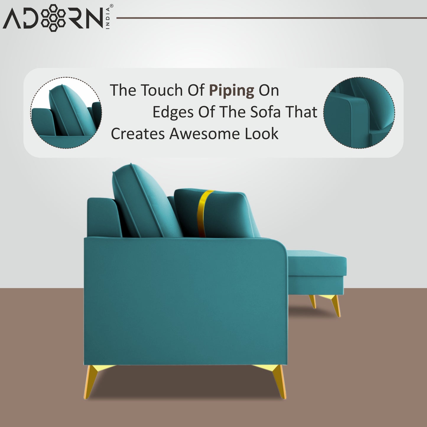 Adorn India Premium Chandler - 3 Years Warranty - L Shape 4 Seater Sofa Set Velvet Suede Fabric - Aqua Blue