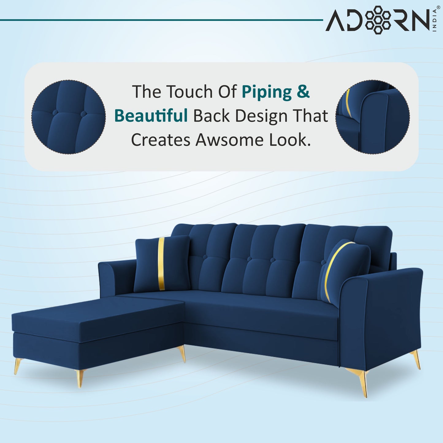 Adorn India Premium Maddox Tufted - 3 Years Warranty - L Shape 4 Seater Sofa Set Velvet Suede Fabric -Blue