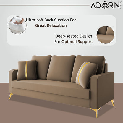 Adorn India Premium Chandler - 3 Years Warranty - 3 Seater Sofa Velvet Suede Fabric - Beige