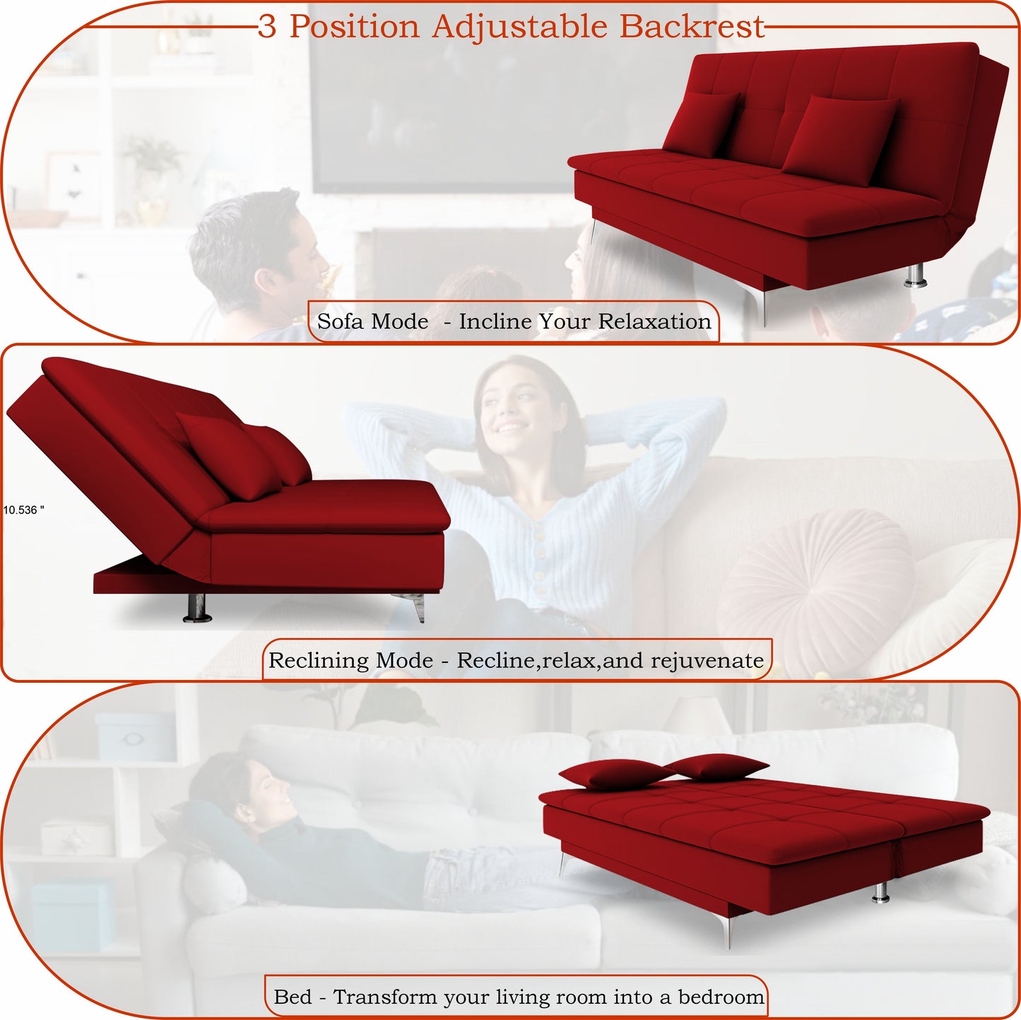 Adorn India New Aspen 3 Seater Sofa Cum Bed 4X6 (Red) (2 Year Warranty)