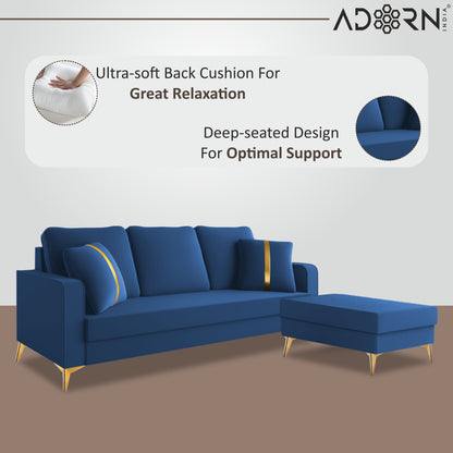 Adorn India Premium Chandler - 3 Years Warranty - L Shape 4 Seater Sofa Set Velvet Suede Fabric - Blue