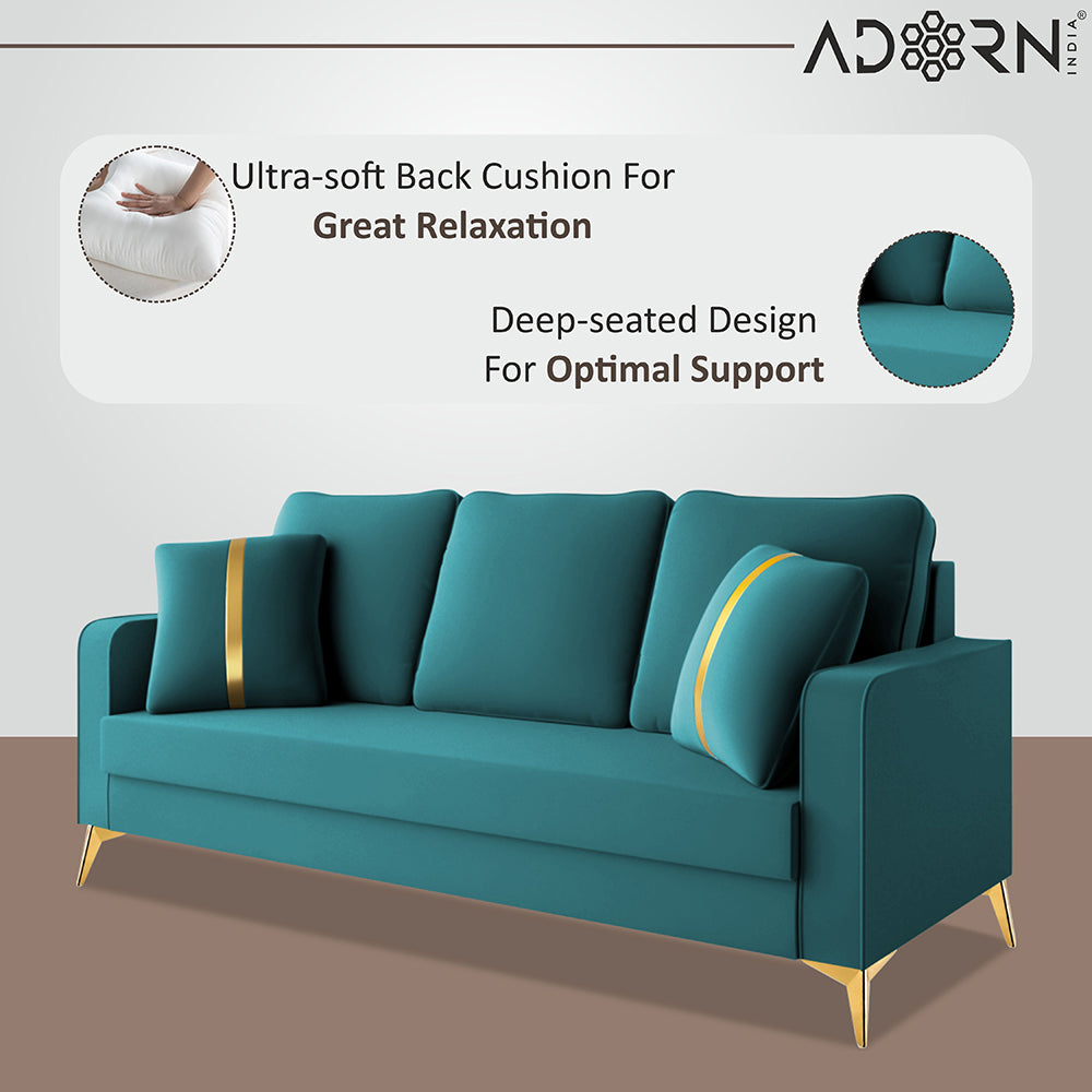 Adorn India Premium Chandler - 3 Years Warranty - 3+2 Sofa Set Velvet Suede Fabric - Aqua Blue