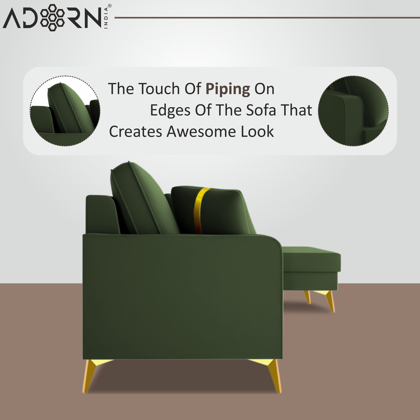 Adorn India Premium Chandler - 3 Years Warranty - L Shape 4 Seater Sofa Set Velvet Suede Fabric - Green