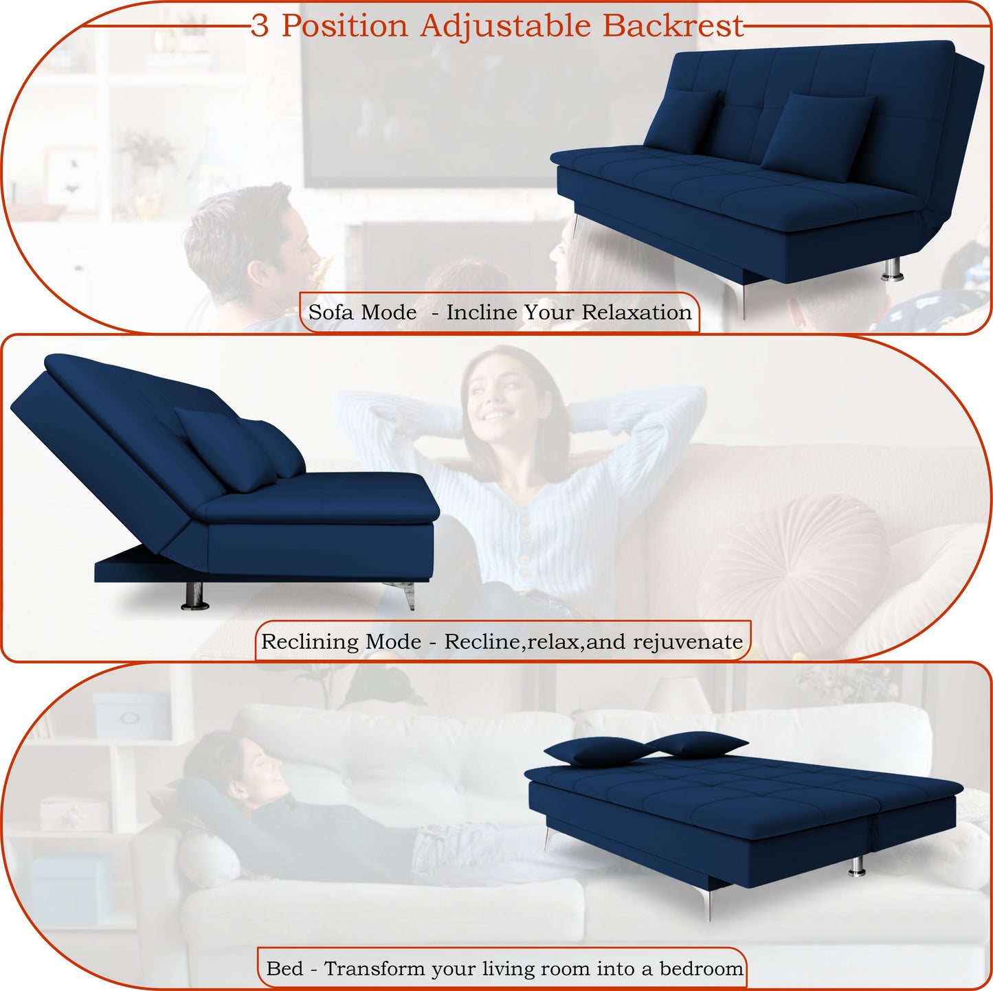 Adorn India New Aspen 3 Seater Sofa Cum Bed 4X6 Velvet (Blue) (2 Year Warranty)