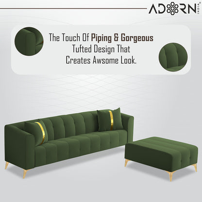 Adorn India Premium Mystic - 3 Years Warranty - L Shape 5 Seater Sofa Set Velvet Suede Fabric - Green