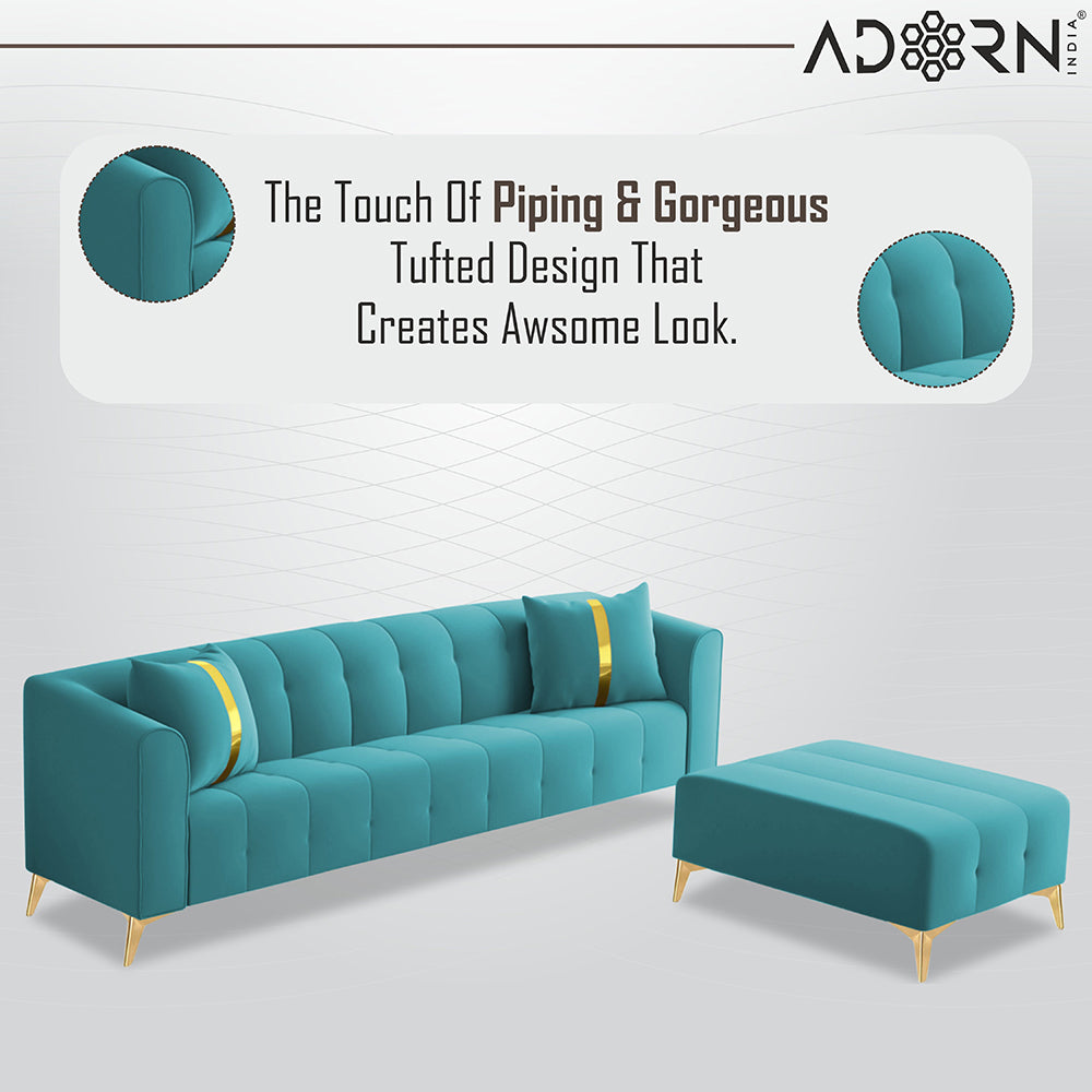 Adorn India Premium Mystic - 3 Years Warranty - L Shape 5 Seater Sofa Set Velvet Suede Fabric - Aqua Blue