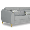 Adorn India Premium Luster Plus 3 Seater Sofa | Velvet Suede Fabric | 3-Year Warranty | Color Grey with Golden Legs & Striped Pattern Cushion