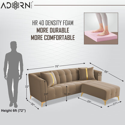 Adorn India Premium Mystic - 3 Years Warranty - L Shape 4 Seater Sofa Set Velvet Suede Fabric - Beige