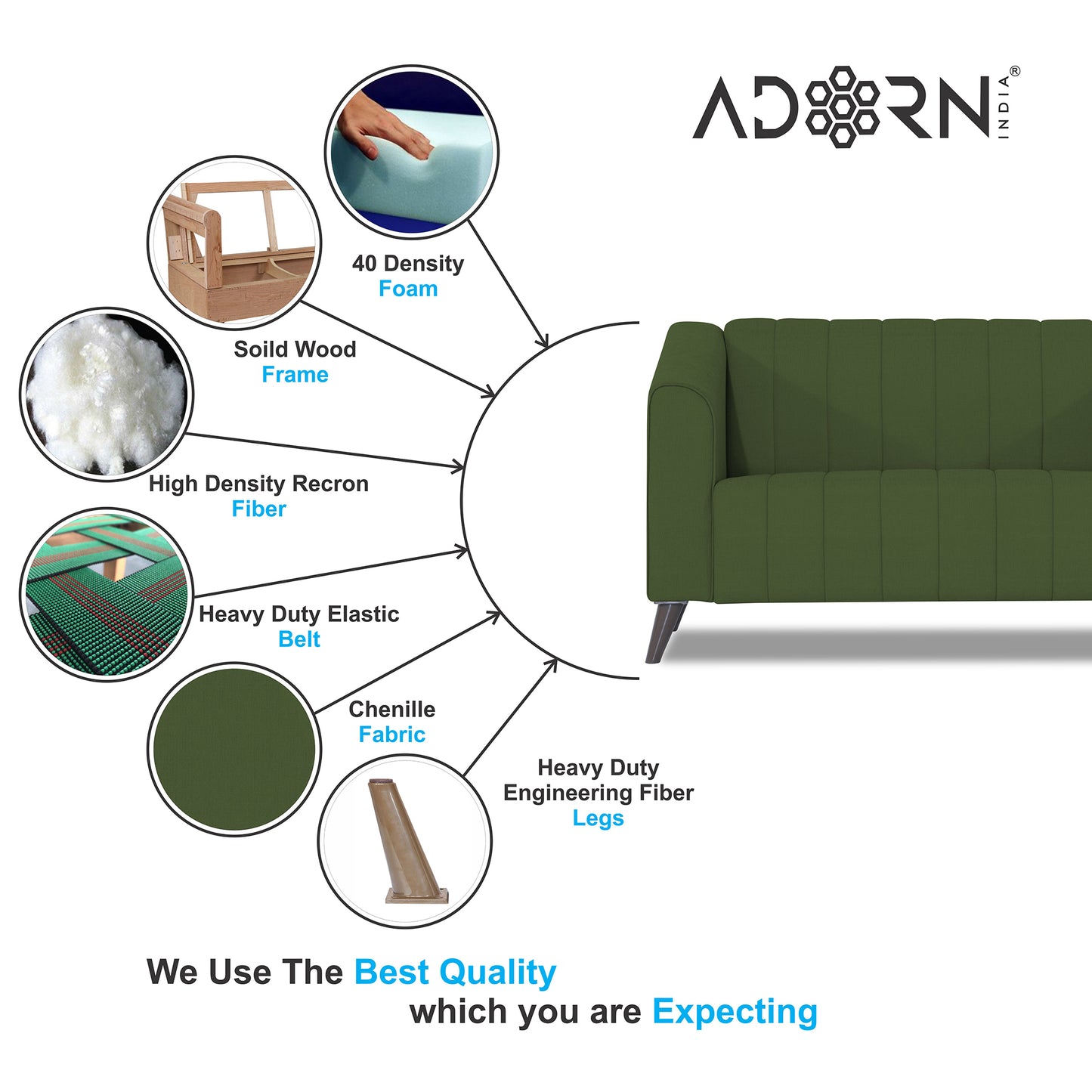 Adorn India Premium Laurel 2 Seater Sofa (Green)