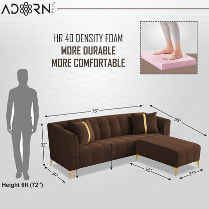 Adorn India Premium Mystic - 3 Years Warranty - L Shape 4 Seater Sofa Set Velvet Suede Fabric - Brown