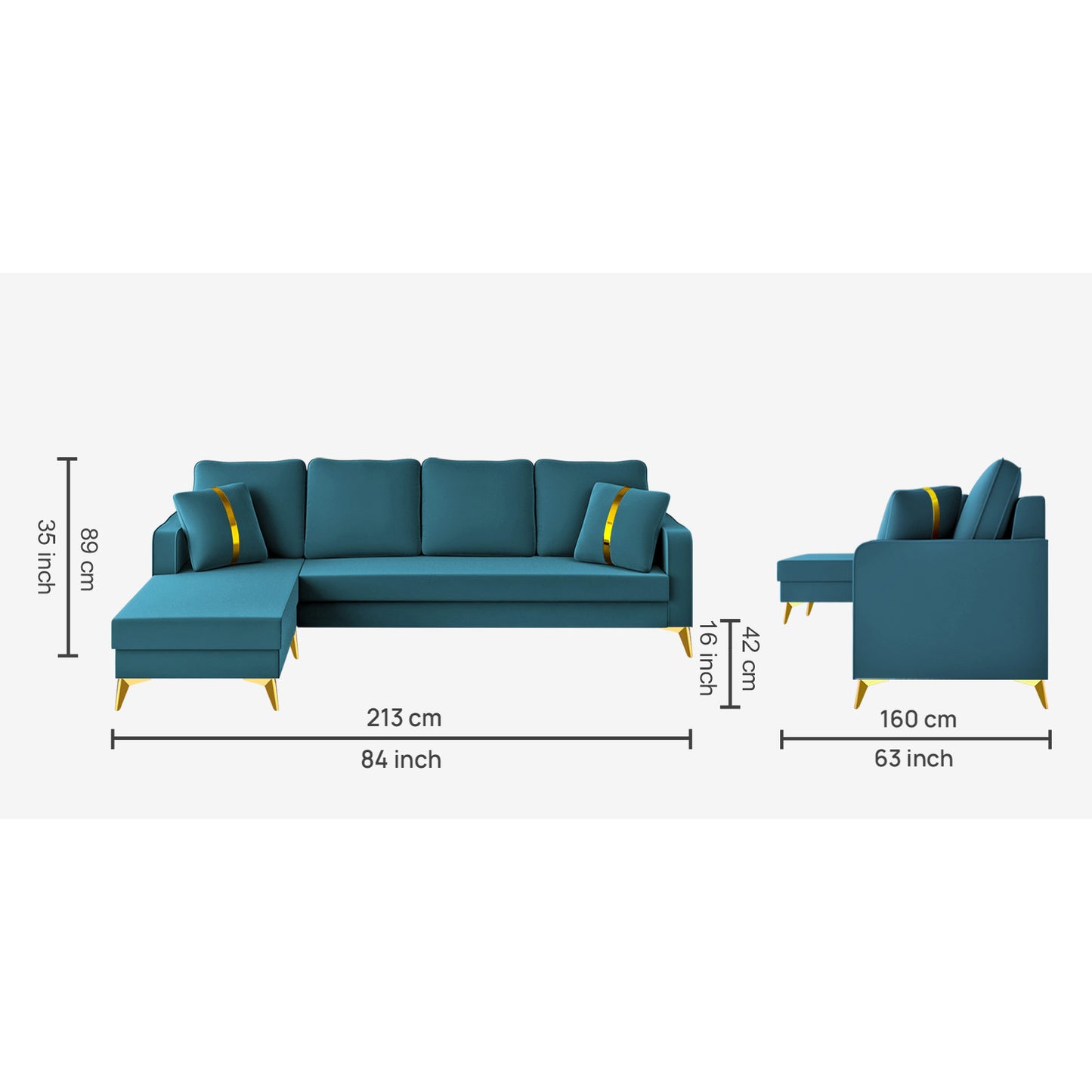 Adorn India Premium Chandler - 3 Years Warranty - L Shape 5 Seater Sofa Set -LHS-Velvet Suede Fabric - Aqua Blue