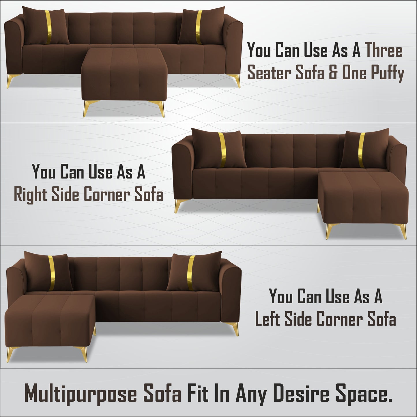 Adorn India Premium Mystic - 3 Years Warranty - L Shape 4 Seater Sofa Set Velvet Suede Fabric - Brown