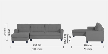 Adorn India Moris L Shape 6 Seater Sofa Set LHS (Grey)