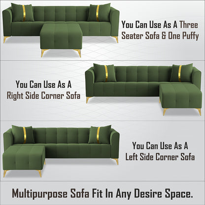 Adorn India Premium Mystic - 3 Years Warranty - L Shape 5 Seater Sofa Set Velvet Suede Fabric - Green