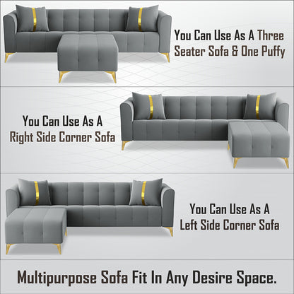 Adorn India Premium Mystic - 3 Years Warranty - L Shape 5 Seater Sofa Set Velvet Suede Fabric - Grey