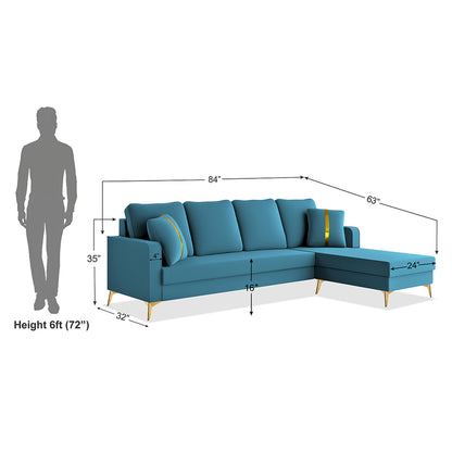 Adorn India Premium Chandler - 3 Years Warranty - L Shape 5 Seater Sofa Set -RHS-Velvet Suede Fabric - Aqua Blue