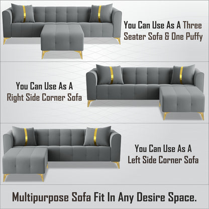 Adorn India Premium Mystic - 3 Years Warranty - L Shape 4 Seater Sofa Set Velvet Suede Fabric - Grey