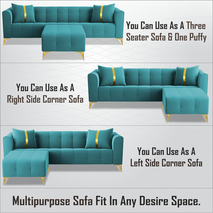 Adorn India Premium Mystic - 3 Years Warranty - L Shape 4 Seater Sofa Set Velvet Suede Fabric - Aqua Blue