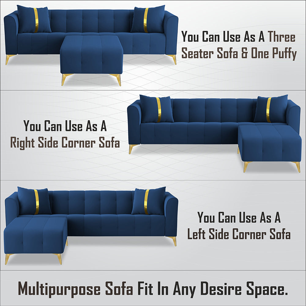 Adorn India Premium Mystic - 3 Years Warranty - L Shape 5 Seater Sofa Set Velvet Suede Fabric - Blue